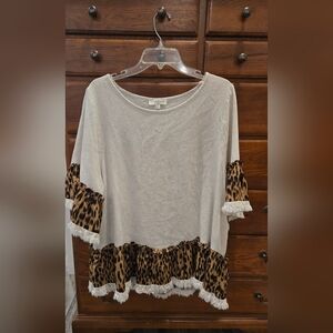 Umgee Beige Top With Leopard Trim And Fringe